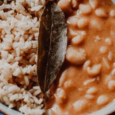 A bowl containing brown rice and creamy beans in sauce, garnished with a dried bay leaf—perfect for those seeking delicious vegan dinners or easy meatless meals.