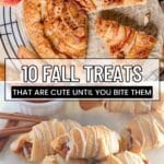 A rustic apple tart with a slice missing and several crescent roll pastries are shown, with the text “10 Fall Treats That Are Cute Until You Bite Them.”.
