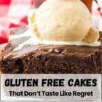 A square of chocolate cake topped with a scoop of vanilla ice cream and a cherry, with text overlay promoting gluten-free cakes.