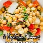 A bowl of rice topped with chickpeas, sliced vegetables, and green onions, promoting "11 Vegetarian Dinners That Don’t Miss the Meat" from southernfoodandfun.com.