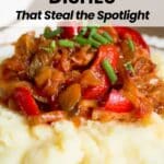 Mashed potatoes topped with sautéed vegetables and chopped chives, with text promoting veggie side dishes above the image.