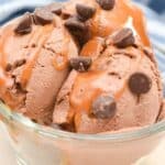 A glass bowl filled with scoops of chocolate ice cream topped with chocolate chips and caramel sauce. Text at the top reads, “12 Frozen Desserts That Are Dangerous After Midnight.”.