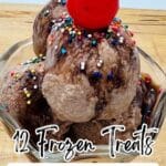 A glass dish with three scoops of chocolate ice cream topped with chocolate syrup, rainbow sprinkles, and a cherry. Text reads: "12 Frozen Treats That Make Freezers Look Like Magic.