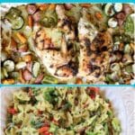 Top image shows baked chicken with vegetables; bottom image shows bow-tie pasta mixed with vegetables and pesto sauce. Text reads “12 Recipes to Use Up That Last Bit of Pesto.”.