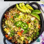 A bowl of mixed rice with vegetables, jalapeño slices, lime wedges, and green onions is served on a floral tablecloth. Text reads: "12 Epic Rice Meals That Go From Cheap To Epic.