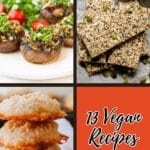 A collage shows stuffed mushrooms, seed crackers, and coconut cookies, with text reading "13 Vegan Recipes That Go Hard on Flavor" from southernfoodandfun.com.