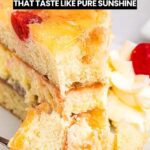 A close-up of a layered fruit dessert cake with cherries and cream, accompanied by text reading "13 Fruit Desserts That Taste Like Pure Sunshine"—the ultimate guide to sunshine desserts.