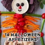 Vegetable platter arranged in the shape of a skeleton with a dip bowl for the head, surrounded by chips, labeled "14 Halloween Appetizers.