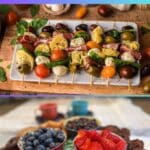 A platter of colorful antipasto skewers and a board with fresh berries, crackers, and snacks, labeled "15 Charcuterie Ideas That Fit Every Party.