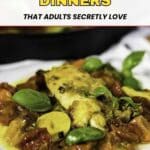 A plate of baked chicken with vegetables and herbs, featured under a heading promoting 15 kid-friendly dinners that adults also enjoy.