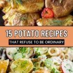 Two mouthwatering potato dishes, topped with fresh herbs and vegetables, are displayed. Text reads: “15 Unique Potato Recipes That Refuse to Be Ordinary. southernfoodandfun.com”.