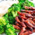 A plate of cooked broccoli, sliced glazed meat, and rice, with text overlay reading "15 Sheet Pan Dinners." Website URL "southernfoodandfun.com" at the bottom.