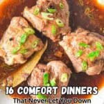 A bowl of braised meat pieces in a rich brown sauce, garnished with chopped green onions, with overlaid text reading "16 Comfort Dinners That Never Let You Down.