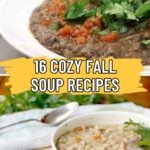 Two bowls of soup, one dark and topped with herbs, the other light with beans and vegetables, with text reading "16 Cozy Fall Recipes.
