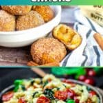 A bowl of round snacks with one cut open, and a dish of vegetables with tomatoes and greens, with text reading "16 Kid Friendly Snacks.