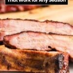 Close-up of sliced, cooked ribs on a cutting board with text overlay: "17 Rib Recipes That Work for Any Season." Website address shown at the bottom.