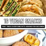 A plate of stuffed flatbread slices with green filling above a bowl of golden-brown breaded snacks with fruit filling, titled "16 Vegan Snacks That Trick Everyone Into Asking for Seconds"—perfect for anyone seeking irresistible plant-based snacks.