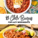 Two bowls of chili garnished with toppings; one with sour cream and cheese, the other with onion, cilantro, and lime. Text reads "18 Chili Recipes for Lazy Weeknights.