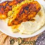 Two pieces of seasoned, stuffed chicken breast served on a bed of mashed potatoes on a white plate. Text reads: "18 Dinners That Hunt Down Flavor.