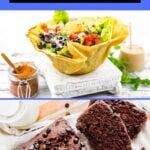 Collage showing a taco salad in a tortilla bowl and slices of chocolate loaf, with text: "18 Gluten-Free Recipes That Don’t Feel Like a Compromise." Discover delicious gluten-free meals that everyone will love.