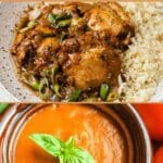 A plate of chicken with rice and green onions, and a bowl of tomato soup garnished with basil, promoting "18 Instant Pot Recipes" from southernfoodandfun.com.