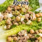Romaine lettuce leaves topped with a chickpea salad mixture, garnished with chopped herbs; text reads "19 Chickpea Recipes.