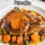 A cooked pork chop served on a plate with carrots, potatoes, and green beans in sauce, with the text "19 Dinners Under 30 Minutes" at the top.