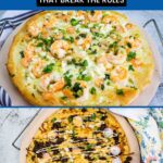 Two unconventional pizzas: one with shrimp and herbs, the other with beef, cheese, radishes, and sauce. Text reads "17 Pizzas That Break the Rules"โdiscover creative pizza ideas for your next slice adventure.