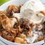 A bowl of caramel dessert topped with a scoop of vanilla ice cream, with text promoting caramel desserts from southernfoodandfun.com.