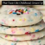 A stack of frosted sugar cookies with colorful sprinkles, accompanied by text reading “20 Cookies That Taste Like Childhood, Grown Up.”.