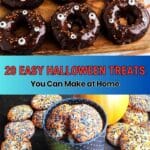 Assorted Halloween-themed chocolate donuts and cookies decorated with orange and blue sprinkles and candy eyes, with text promoting easy homemade Halloween treats.