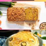 Two types of holiday breads are shown: a sliced loaf with a crumb topping on parchment paper, and a round loaf with cheese and jalapeño slices, both featured under the text “20 Holiday Breads.” Perfect to bake and share this season.
