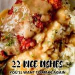 A serving of rice topped with a breaded meat cutlet and brown gravy, accompanied by the text "22 Rice Dishes You'll Want to Make Again.