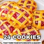 A plate of round cookies with golden lattice crusts and red fruit filling, arranged in a stack on a white plate.