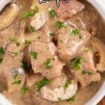 A bowl of beef stew with mushrooms and creamy sauce, garnished with chopped parsley. Text reads "24 Slow Cooker Beef Recipes.