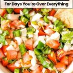 A bowl of fresh salsa with chopped tomatoes, onions, jalapeños, and cilantro, accompanied by a tortilla chip. Text overlay reads, "15 No-Cook Recipes For Days You’re Over Everything—perfect for easy meals.