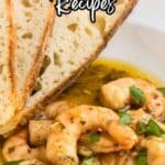 Two slices of bread served with shrimp in a seasoned oil sauce on a white plate. Text reads "26 Simple Seafood Recipes" with "southernfoodandfun.com" at the bottom.