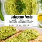 A bowl of jalapeno pesto garnished with cilantro next to a plate of grilled chicken topped with the same green pesto sauce.