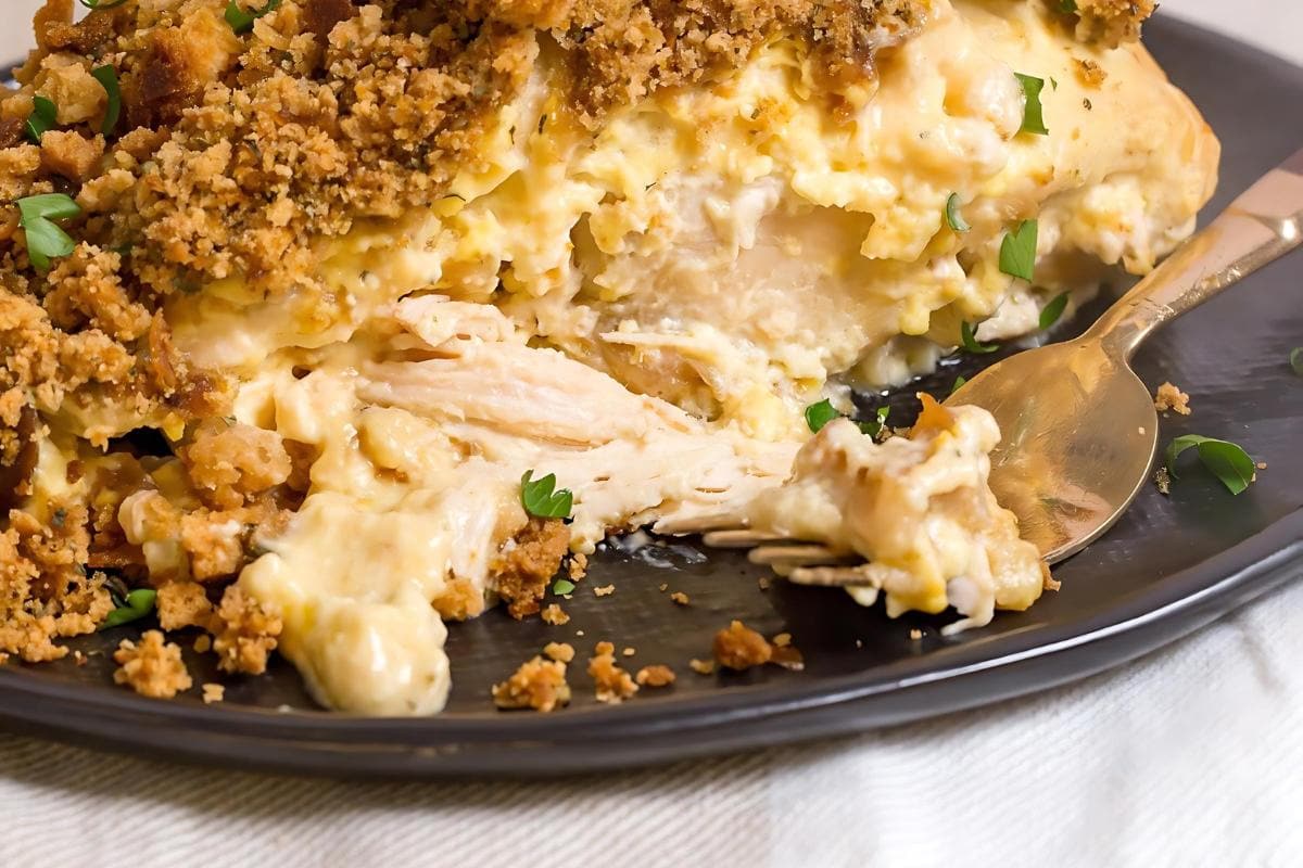 Close-up of a creamy chicken casserole topped with golden breadcrumbs, inspired by easy stuffing recipes, served on a dark plate with a gold fork.