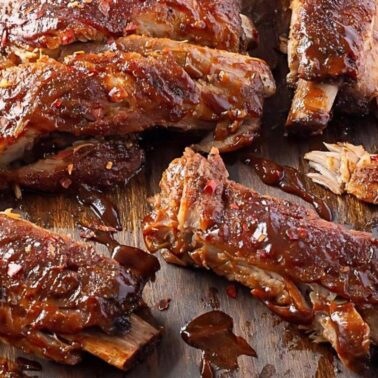 Barbecue pork ribs with a shiny glaze are arranged and sliced on a wooden cutting board, making them a standout among easy pork recipes.