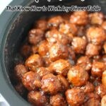 A slow cooker filled with glazed meatballs, with text reading “10 Meatballs That Know How to Work Any Dinner Table” and “southernfoodandfun.com.”.