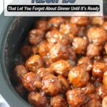 Close-up of cooked meatballs coated in sauce inside a black crockpot, with text overlay promoting crockpot recipes.