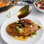 A plate of cooked chicken breast topped with chopped green onions and sauce being spooned over it, with a skillet and salad in the background. Text overlays promote chicken recipes.