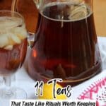 A glass and a pitcher filled with iced tea sit on a white embroidered cloth next to a lemon. Text reads: "11 Teas That Taste Like Rituals Worth Keeping.