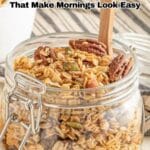 A glass jar filled with granola, pecans, and seeds sits on a striped cloth with a wooden spoon, alongside text promoting vegan breakfast ideas.