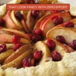 Close-up of a rustic fruit galette topped with sliced apples and cranberries, with text overlay promoting easy treat recipes.