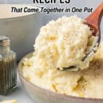A bowl of mashed potatoes with a wooden spoon, next to a pepper shaker and butter slices. Text reads, "12 Mashed Potato Recipes That Come Together in One Pot.