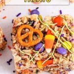 A close-up of a decorated rice krispie treat topped with a pretzel, candy corn, colorful sprinkles, and candies. Text reads "12 Rice Krispie Treats" at the top.