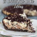 A slice of layered chocolate chip cheesecake sits on a stack of plates, with the remaining cake blurred in the background. Text on the image reads "13 Chocolate Cake Ideas.