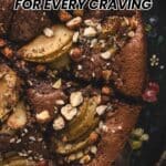 A close-up of a sliced chocolate cake topped with pear slices and chopped nuts. Text reads: “13 Easy Cake Recipes For Every Craving.” Southern Plate logo at the bottom.